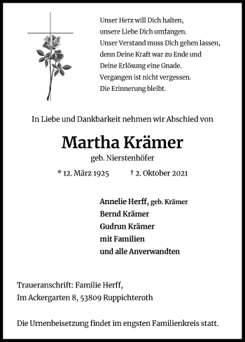 Anzeige von Martha Krämer Krämer von Kölner Stadt-Anzeiger / Kölnische Rundschau / Express