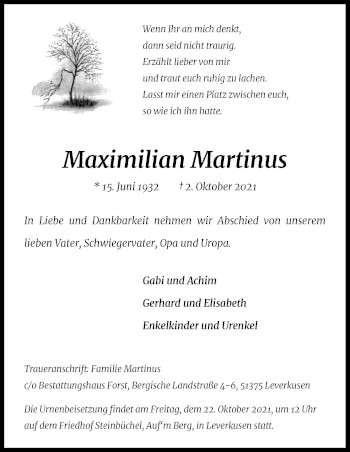 Anzeige von Maximilian Martinus von Kölner Stadt-Anzeiger / Kölnische Rundschau / Express
