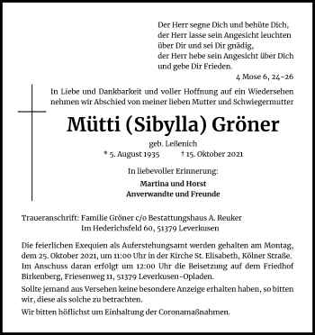 Anzeige von Mütti Gröner von Kölner Stadt-Anzeiger / Kölnische Rundschau / Express