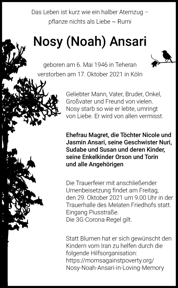  Traueranzeige für Nosy Ansari vom 23.10.2021 aus Kölner Stadt-Anzeiger / Kölnische Rundschau / Express