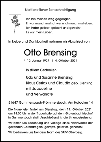 Anzeige von Otto Brensing von Kölner Stadt-Anzeiger / Kölnische Rundschau / Express