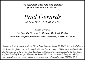 Anzeige von Paul Gerards von Kölner Stadt-Anzeiger / Kölnische Rundschau / Express