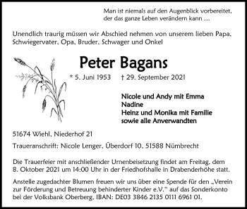 Anzeige von Peter Bagans von Kölner Stadt-Anzeiger / Kölnische Rundschau / Express