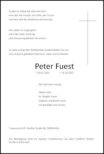 Anzeige von Peter Fuest von Kölner Stadt-Anzeiger / Kölnische Rundschau / Express