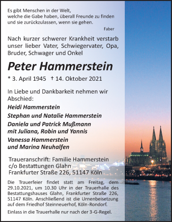 Anzeige von Peter Hammerstein von Kölner Stadt-Anzeiger / Kölnische Rundschau / Express