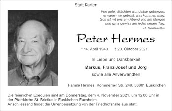 Anzeige von Peter Hermes von  Blickpunkt Euskirchen 