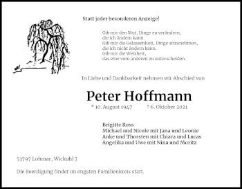 Anzeige von Peter Hoffmann von Kölner Stadt-Anzeiger / Kölnische Rundschau / Express