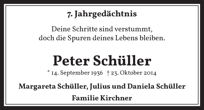  Traueranzeige für Peter Schüller vom 18.07.2023 aus  Kölner Wochenspiegel 