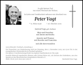 Anzeige von Peter Vagt von Kölner Stadt-Anzeiger / Kölnische Rundschau / Express