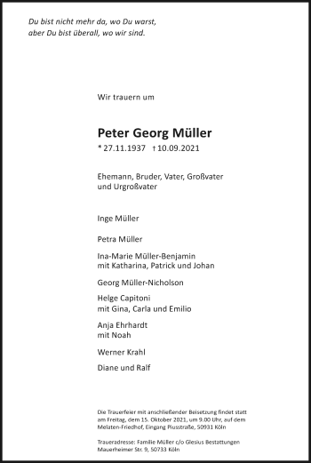Anzeige von Peter Georg Müller von Kölner Stadt-Anzeiger / Kölnische Rundschau / Express