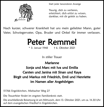 Anzeige von PPeetteerr RReemmmmeell von Kölner Stadt-Anzeiger / Kölnische Rundschau / Express