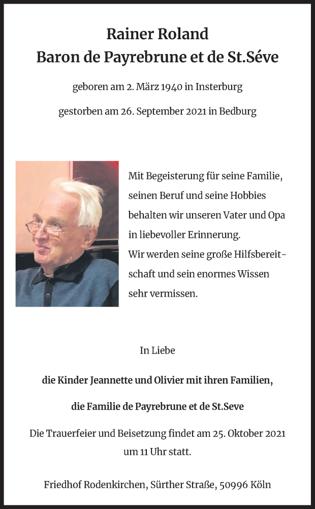  Traueranzeige für Rainer Roland vom 23.10.2021 aus Kölner Stadt-Anzeiger / Kölnische Rundschau / Express