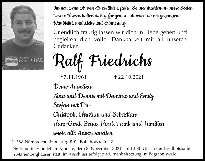  Traueranzeige für Ralf Friedrichs vom 29.10.2021 aus  Lokalanzeiger 