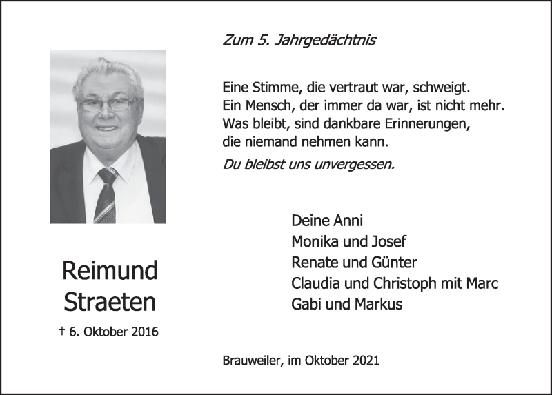  Traueranzeige für Reimund Straeten vom 08.10.2021 aus  Wochenende 