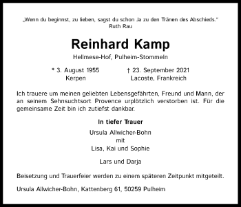 Anzeige von Reinhard Kamp von Kölner Stadt-Anzeiger / Kölnische Rundschau / Express
