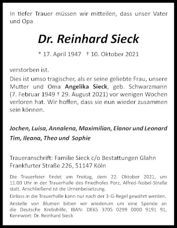 Anzeige von Reinhard Sieck von Kölner Stadt-Anzeiger / Kölnische Rundschau / Express