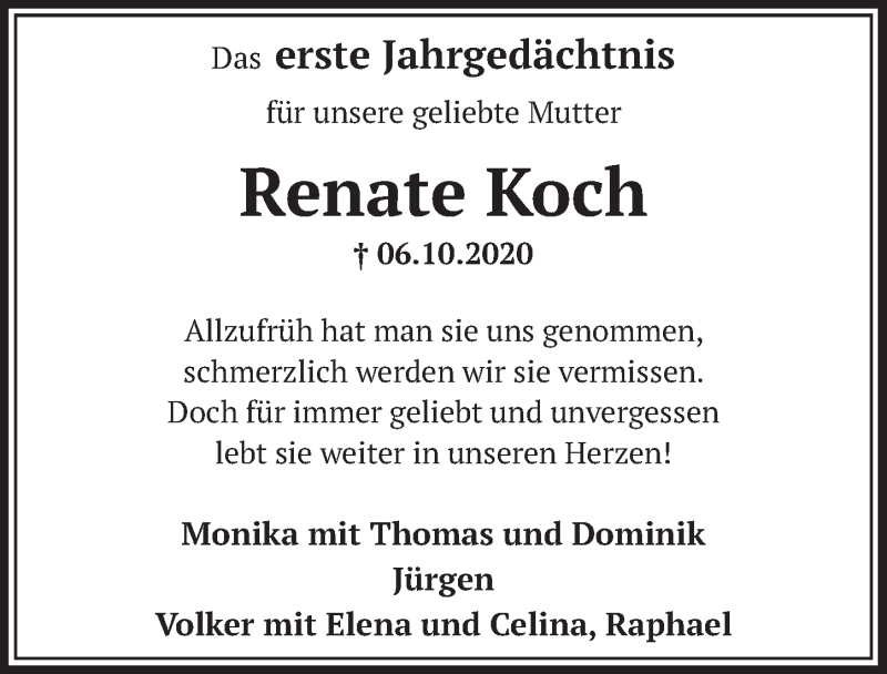  Traueranzeige für Renate Koch vom 08.10.2021 aus  Wochenende 
