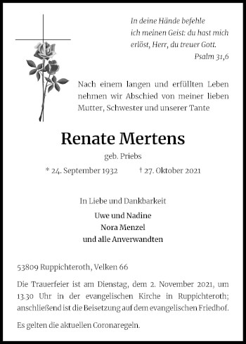 Anzeige von Renate Mertens von Kölner Stadt-Anzeiger / Kölnische Rundschau / Express