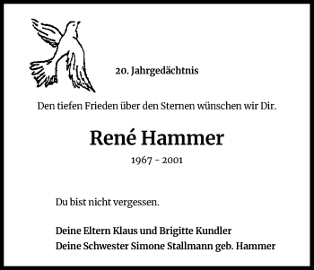Anzeige von René Hammer von Kölner Stadt-Anzeiger / Kölnische Rundschau / Express