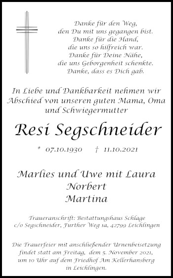 Anzeige von Resi Segschneider von Kölner Stadt-Anzeiger / Kölnische Rundschau / Express