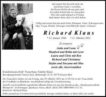 Anzeige von Richard Klaus von Kölner Stadt-Anzeiger / Kölnische Rundschau / Express