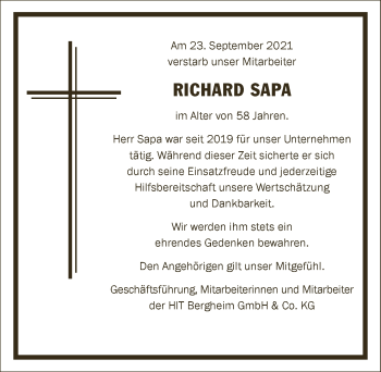 Anzeige von Richard Sapa von  Werbepost 