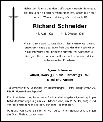 Anzeige von Richard Schneider von Kölner Stadt-Anzeiger / Kölnische Rundschau / Express