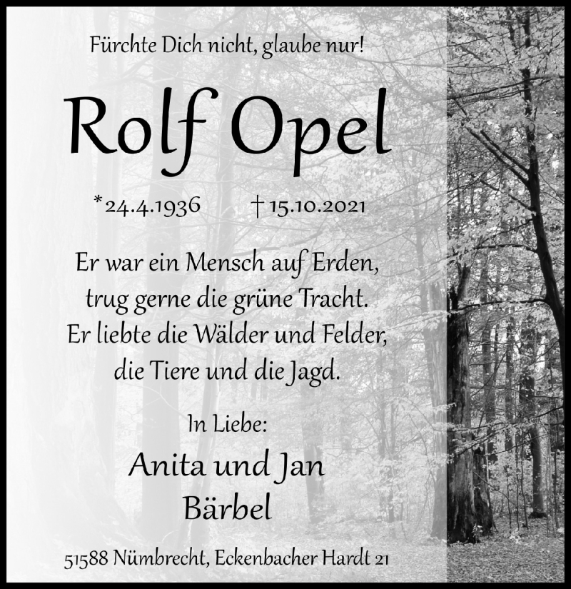  Traueranzeige für Rolf Opel vom 22.10.2021 aus  Lokalanzeiger 