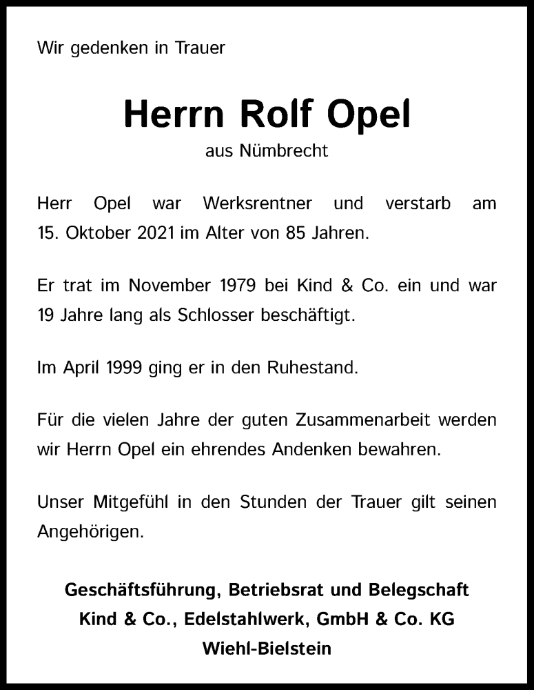  Traueranzeige für Rolf Opel vom 28.10.2021 aus Kölner Stadt-Anzeiger / Kölnische Rundschau / Express