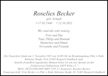 Anzeige von Roselies Becker von Kölner Stadt-Anzeiger / Kölnische Rundschau / Express