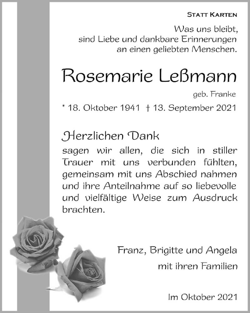  Traueranzeige für Rosemarie Leßmann vom 16.10.2021 aus  Blickpunkt Euskirchen 