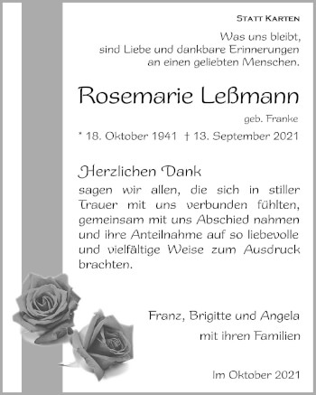 Anzeige von Rosemarie Leßmann von  Blickpunkt Euskirchen 