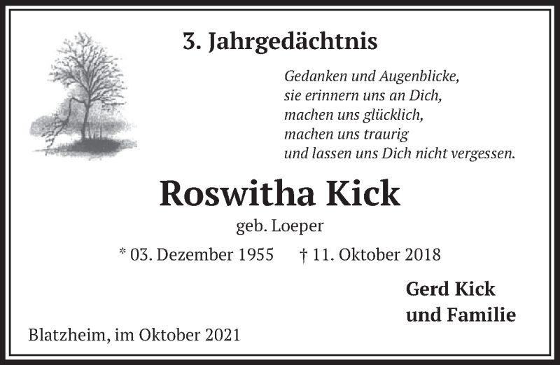  Traueranzeige für Roswitha Kick vom 18.07.2023 aus  Werbepost 