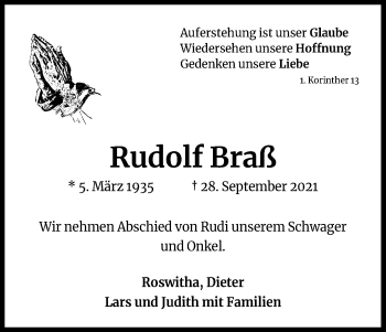 Anzeige von Rudolf Braß von Kölner Stadt-Anzeiger / Kölnische Rundschau / Express
