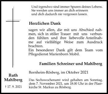 Anzeige von Ruth Mahlberg von  Schaufenster/Blickpunkt 