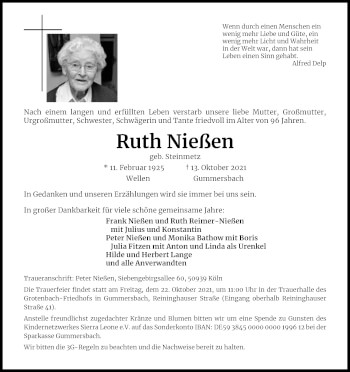 Anzeige von Ruth Nießen von Kölner Stadt-Anzeiger / Kölnische Rundschau / Express