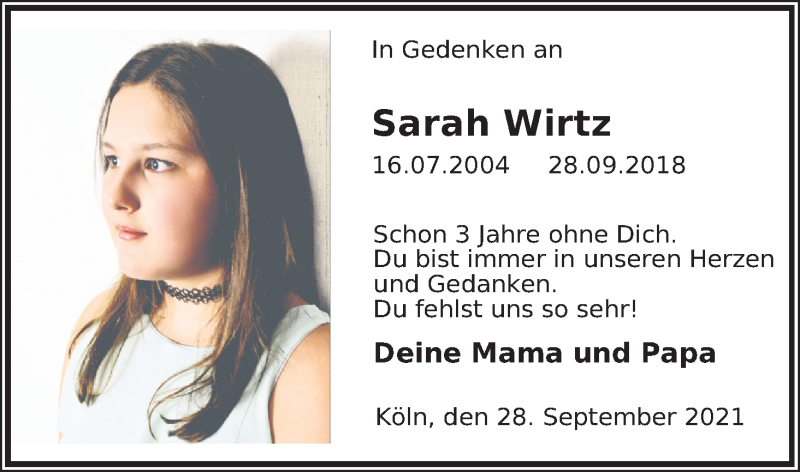  Traueranzeige für Sarah Wirtz vom 02.10.2021 aus Kölner Stadt-Anzeiger / Kölnische Rundschau / Express
