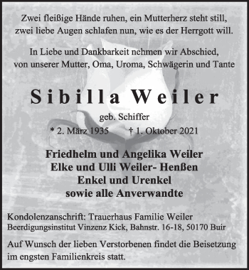 Anzeige von Sibilla Weiler von  Werbepost 