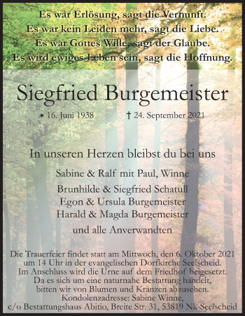 Anzeige von Siegfried Burgemeister von Kölner Stadt-Anzeiger / Kölnische Rundschau / Express