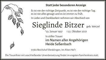 Anzeige von Sieglinde Bitzer von  Anzeigen Echo  Lokalanzeiger 