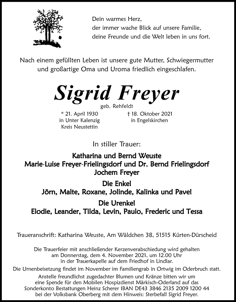  Traueranzeige für Sigrid Freyer vom 23.10.2021 aus Kölner Stadt-Anzeiger / Kölnische Rundschau / Express