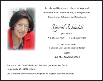 Anzeige von Sigrid Schmidt von Kölner Stadt-Anzeiger / Kölnische Rundschau / Express