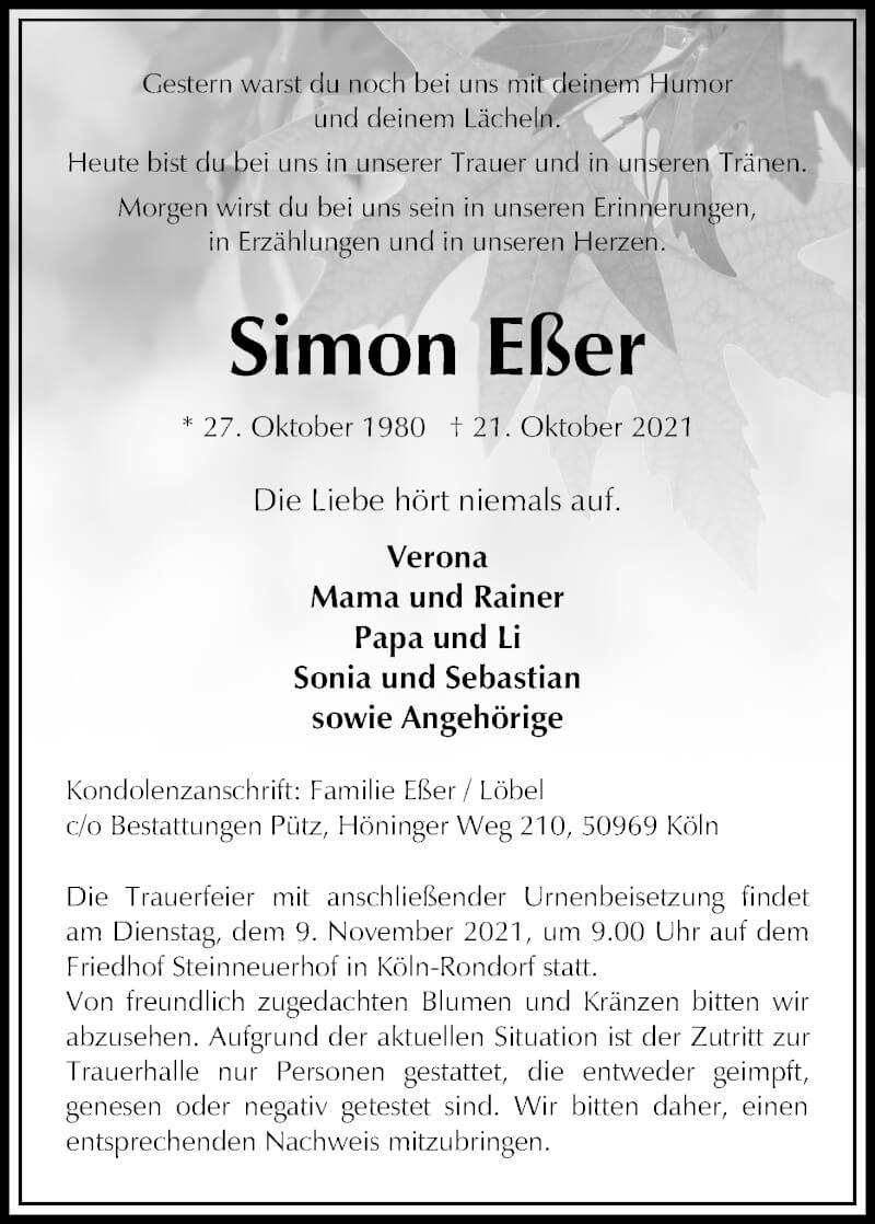  Traueranzeige für Simon Eßer vom 30.10.2021 aus Kölner Stadt-Anzeiger / Kölnische Rundschau / Express