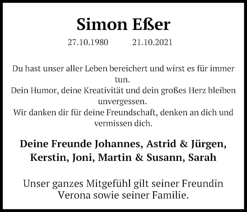  Traueranzeige für Simon Eßer vom 30.10.2021 aus Kölner Stadt-Anzeiger / Kölnische Rundschau / Express