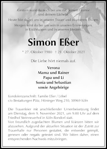 Anzeige von Simon Eßer von Kölner Stadt-Anzeiger / Kölnische Rundschau / Express