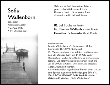 Anzeige von Sofia Wallenborn von Kölner Stadt-Anzeiger / Kölnische Rundschau / Express