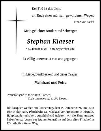 Anzeige von Stephan Klaeser von Kölner Stadt-Anzeiger / Kölnische Rundschau / Express