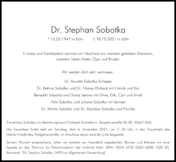 Anzeige von Stephan Sobotka von Kölner Stadt-Anzeiger / Kölnische Rundschau / Express