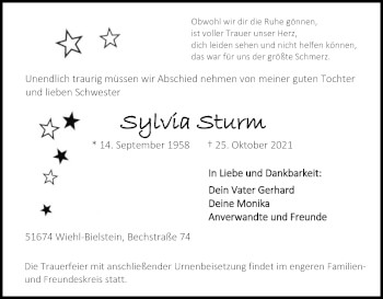 Anzeige von Sylvia Sturm von Kölner Stadt-Anzeiger / Kölnische Rundschau / Express