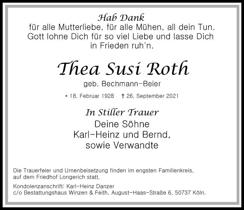  Traueranzeige für Thea Susi Roth vom 09.10.2021 aus Kölner Stadt-Anzeiger / Kölnische Rundschau / Express